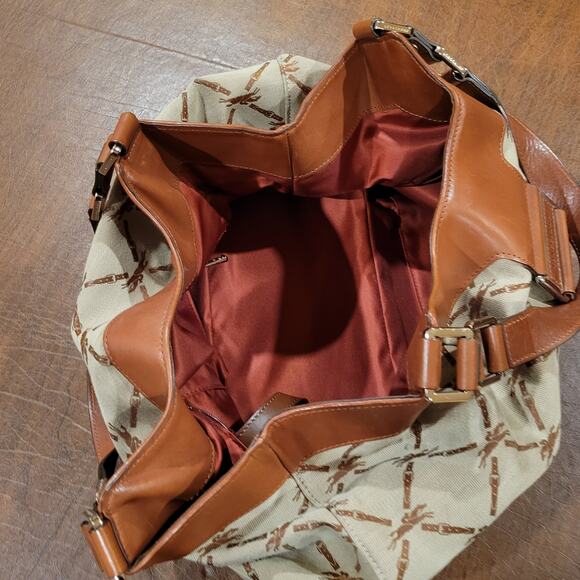 Rare Longchamp Logo Brown Jacquard & Brown Leather Hobo Shoulder Bag - Picture 11 of 16